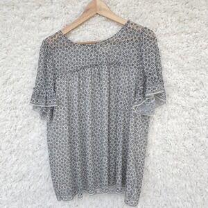 Max Studio  Sheer Floral Print Flutter Sleeve Keyhole Back Blouse Top Boho Sz 1X